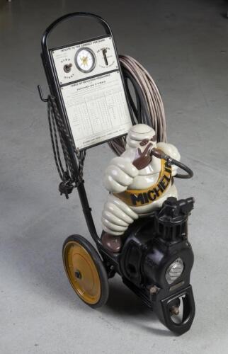 MICHELIN: A&nbsp;meticulously&nbsp;restored circa 1930s Michelin tyre compressor on trolley&nbsp;with seated Bibendum figure. Restored and rebuilt to working condition by Peter Vandersluys for David