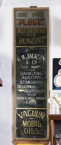 PLUME: An outstanding old dealership glass mirror, c1930s,&nbsp;promoting the use of Plume motor spirit and benzine, this amazing piece was commisioned for G.M. Jackson & Co, the Tasmanian agents for Daimler, Austin, Standard, Delaunnay-Bellevilles and more, a