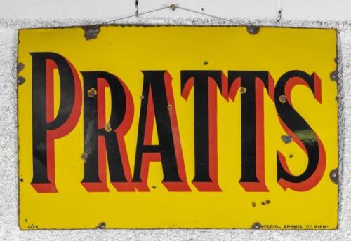 PRATTS: An original 1926 enamel 'Pratts' motor spirit sign by Imperial Enamel Co Birmingham, dated to lower left '4/26' 61cm high, 91cm wide