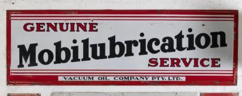 MOBIL: A c1920s-1930s scarce original Australian enamel 'Geniune Mobilubrication Service' Vacuum Oil Company Pty. Ltd.&nbsp;sign, 59cm high, 180cm wide with&nbsp;rolled edges