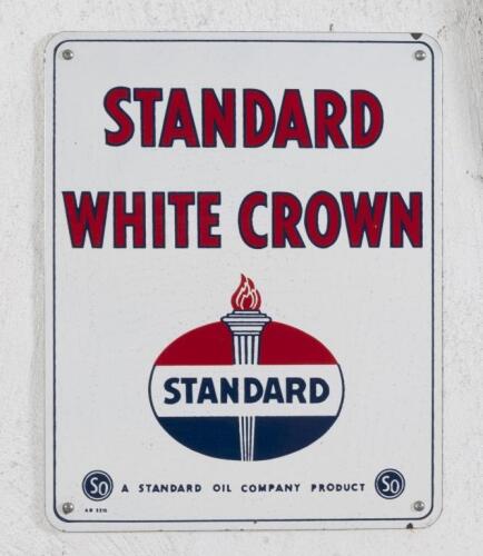 STANDARD: A reproduction enamel 'Standard White Crown' Standard Oil Company USA sign, marked to lower left 'AD 5215', 38cm high, 30.5cm wide