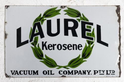 LAUREL: An original c1930s 'LAUREL Kerosene' Vacuum Oil Company enamel sign by A.Simpson & Son Adelaide, 38cm high, 60.5cm wide