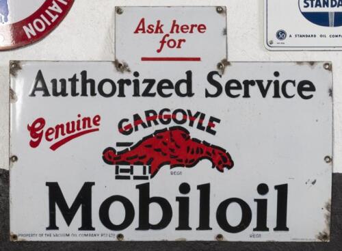 MOBILOIL: A scarce original Mobiloil Gargoyle Vacuum Oil Company 'Ask here for Authorized Service' enamel sign by A.Simpson & Son Adelaide. Sign as used on eight bottle oil racks. 54cm high, 73cm wide