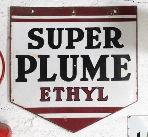 SUPER PLUME: A scare original double sided enamel 'Super Plume Ethyl' shield form sign 90.5cm high, 91cm wide