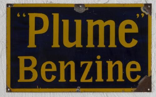 PLUME: A original single sided enamel "Plume" 'Benzine' sign by Vic Enamel Works Geelong, 33cm high, 53.5cm wide.