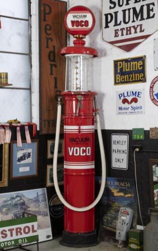 STOCKMAN PUMP: A professionally restored circa 1920s-1930s five gallon visible petrol pump by A.Stockman Hyde Park Sydney, finished in Vacuum Oil Company 'Voco' livery, with working illuminated globe