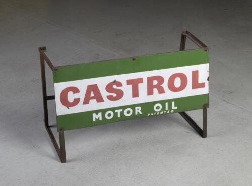 CASTROL: An original Castrol Motor Oil 12 bottle rack with enamel sign to front, 47cm high, 74cm wide