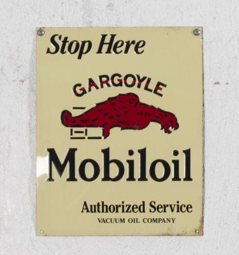 SIGNS: Two modern reproduction tin signs including Gargoyle Mobiloil Authorized Service 'Stop Here' sign & 'Plume Motor Spirit Vacuum Oil Company Pty Ltd sign, largest 30.5cm high, 46cm wide