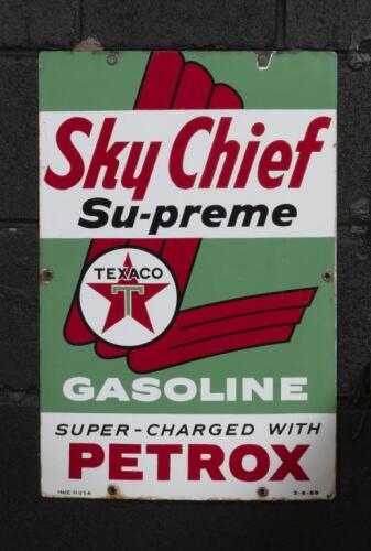 TEXACO: A modern reproduction thin enamel 'Sky Chief Su-preme Gasoline' Texaco sign, printed to lower left 'Made In U.S.A', to lower right '3-6-59'