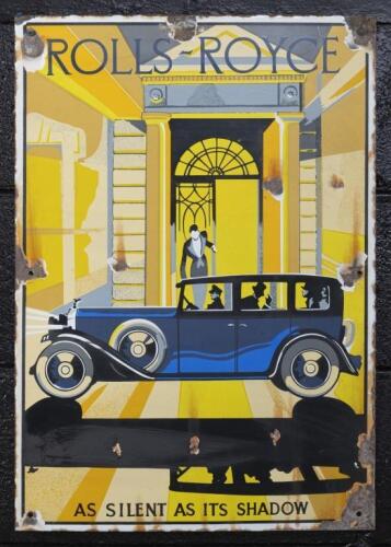 ROLLS ROYCE: A reproduction&nbsp;pictorial enamel Rolls Royce 'As silent as its shadow' sign featuring c1920s Rolls Royce in an art deco scene, 51cm high 31.5cm wide.&nbsp;