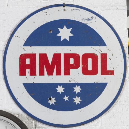 AMPOL: A c1960s-1970s Ampol&nbsp;round tin screenprinted sign, 44cm in diameter