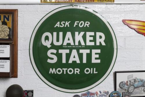 QUAKER STATE: A round convex metal 'Ask For Quaker State Motor Oil' sign, marked to lower 'A-M 9-54' 60cm in diameter