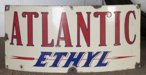 ATLANTIC: An interesting curved enamel 'Atlantic Ethyl' sign, likely as used on oil drums 25.5cm high, 53cm wide