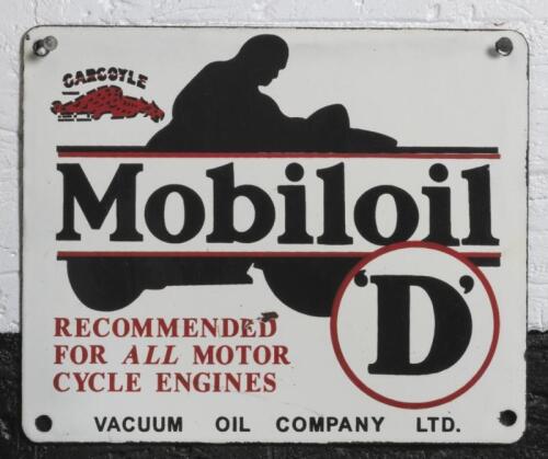 MOBILOIL: A reproduction enamel Gargoyle Mobiloil 'D' 'Recommended for All Motor Cycle Engines' Vacuum Oil Company sign, 23cm high, 28cm wide