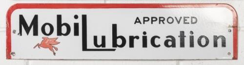 MOBIL: An original Mobil 'Approved Mobilubrication' enamel rack topper sign, 15cm high, 63cm wide