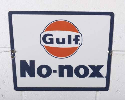 GULF: An enamelled Gulf 'No-nox' petrol bowser 'belly plate' 21.5cm high, 28.5cm wide.