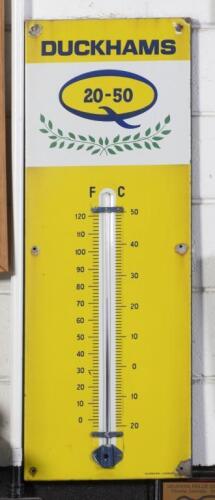 DUCKHAMS: A large original enamelled Duckhams Motor Oil thermometer marked to bottom right 'Burnham - London'. 91.5cm high, 33cm wide.