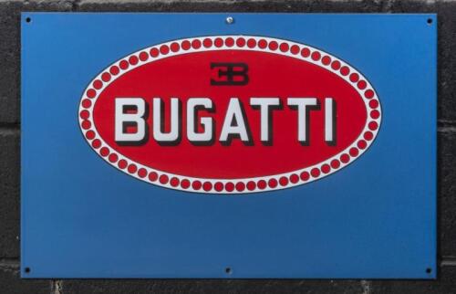 BUGATTI: A light blue emamel&nbsp;sign featuring 'Bugatti' logo, 35cm high, 55cm wide. Modern.