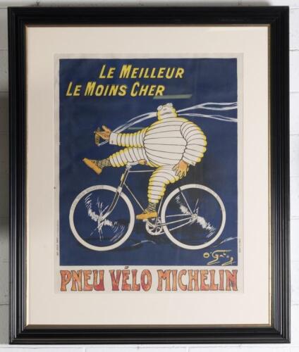 MICHELIN: A reproduction after the original c1912 Michelin Bicycle Tyres advertising poster 'Le Meilleur, Le Moins Cher' 'Pneu Velo Michelin' by French Artist O'Galop&nbsp;Marius Rossillon, printed by Chaix Paris, framed and glazed, 135.5cm high, 113cm wide