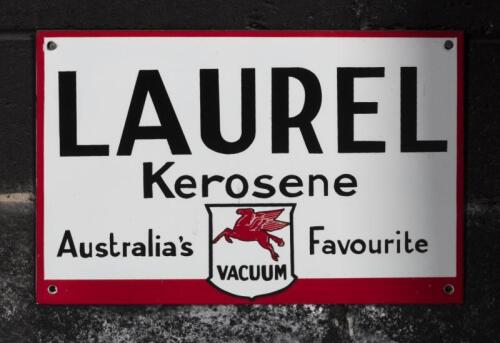 LAUREL: A reproduction enamel 'Laurel Kerosene Australia's&nbsp;Favourite' Vacuum Oil Company sign, 29cm high, 45cm wide.