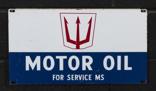 NEPTUNE: An&nbsp;original tin Neptune Motor Oil 'For Service MS' screen printed oil rack sign, 27cm high, 48.5cm wide