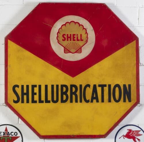 SHELL: A large circa 1960s octagonal painted "Shellubrication" masonite sign, 117cm high, 117cm wide