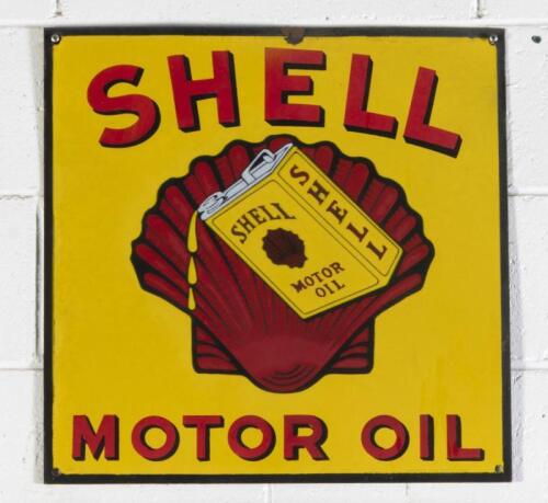 SHELL: A reproduction enamel 'Shell Motor Oil' sign with pictorial of a can, 45cm high, 45cm wide