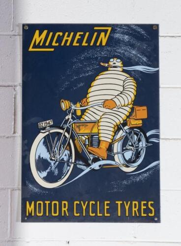 MICHELIN: A 'Michelin Motor Cycle Tyres' enamel&nbsp;sign by 'Garage Art Enamel' with artwork after the original advertisement&nbsp;in c1910, 66.5cm high, 45cm wide