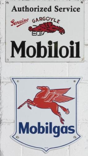MOBIL: Two reproduction enamel Mobil signs comprising a&nbsp;'Mobilgas' shield form sign and a 'Mobiloil Gargoyle Authorized Service' sign, largest 27cm high, 34cm wide.