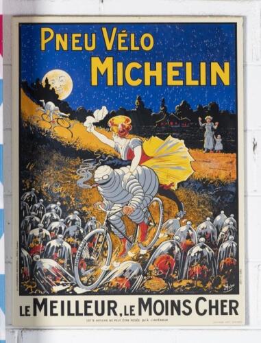 MICHELIN: A high quality modern enamel sign by Garage Art Enamel featuring the 1911 artwork of Louis Theophile Hingre&nbsp;'Pneu Velo Michelin' 'Le Meilleur, Le Moins Cher' 81.5cm high, 61cm wide