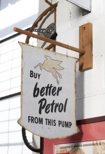 MOBIL: A reproduction tin Mobil double sided sign 'Buy Better Petrol From This Pump' with wood bracket for hanging, sign 35.5cm high, 31cm wide