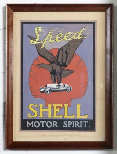 SHELL: An early thought to be hand painted Shell Motor Spirit 'Speed' advertising poster, featuring 1920s-1930s racing car with bird of prey, framed and glazed, 58cm high, 43cm wide