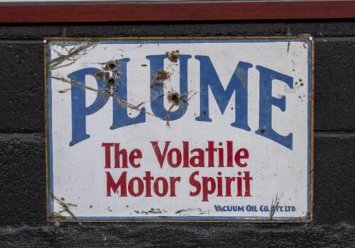 PLUME: A reproduction tin Plume 'The Volatile Motor Spirit' sign, 34.5cm high, 49.5cm wide