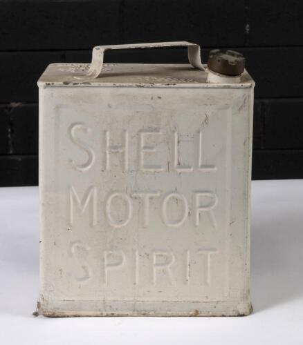 SHELL: A two&nbsp;imperial gallon&nbsp;embossed 'Shell Motor Spirit' running board tin with brass cap, painted in white