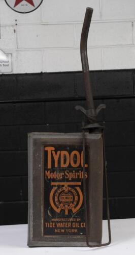 TYDOL: A four imperial gallon 'Tydol Motor Spirits' tin with advertising to front, with added pourer