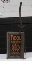 TYDOL: A four imperial gallon 'Tydol Motor Spirits' tin with advertising to front, with added pourer