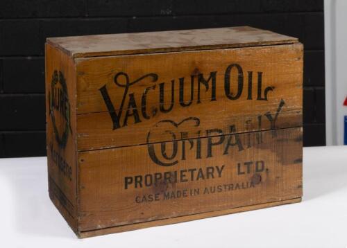 VACUUM OIL CO: A vintage hardwood 'Vacuum Oil Company' 'Laurel Kerosene' box, 38cm high, 53cm wide, 25cm deep