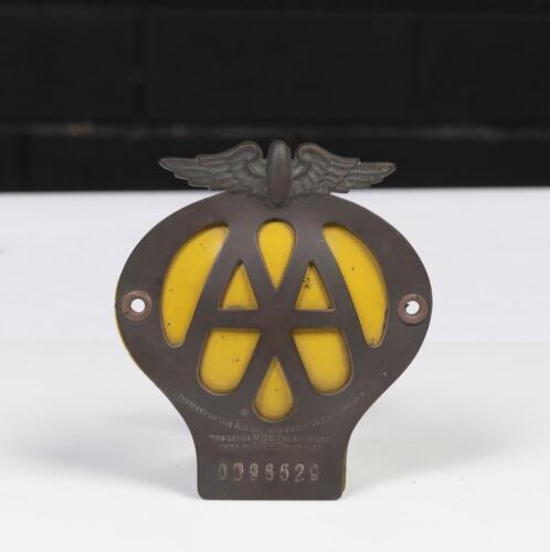 AA GRILLE BADGE: An 'Automobile Association' UK&nbsp;grille badge, member number OD98529, possibly brass&nbsp;