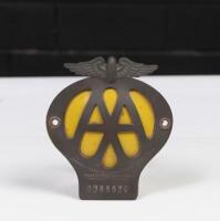 AA GRILLE BADGE: An 'Automobile Association' UK&nbsp;grille badge, member number OD98529, possibly brass&nbsp;