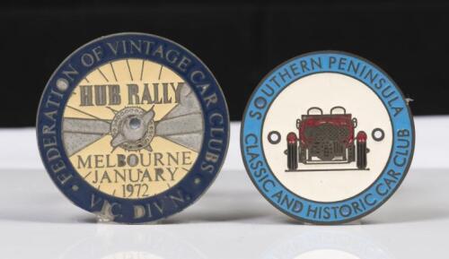 GRILLE BADGES: A pair of car grille badges, comprising a 'Federation of Vintage Car Clubs Vic Divn.' 'HUB RALLY'&nbsp;Melbourne 1972 badge and a Southern Peninsula Classic and Historic Car Club'' badge&nbsp;