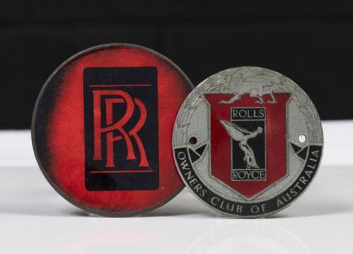 ROLLS-ROYCE: A group of two&nbsp;Rolls-Royce related items, comprising&nbsp;a 'Rolls-Royce Owners Club of Australia' badge, 10cm in diameter, &&nbsp;one drink coaster&nbsp;