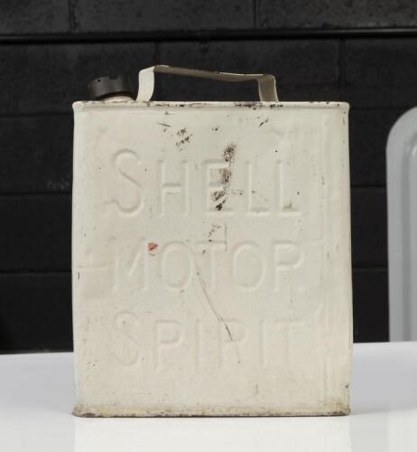 SHELL :&nbsp;A Shell running board petrol can, embossed on both sides, 'Shell Motor Spirit', 2 imperial gallons, with a brass screw on cap, has been painted white