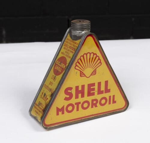 SHELL: A triangular shaped 1 litre can of Golden Shell, Shell Motoroil, with writing on sides in both German And Czech
