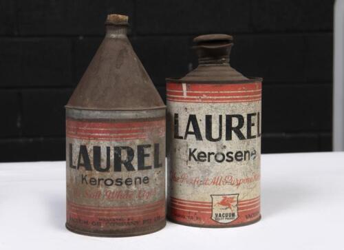 LAUREL KEROSENE: Two early 1 imperial quart 'Laurel Kerosene'&nbsp;Vacuum Oil Company&nbsp;tins.&nbsp;