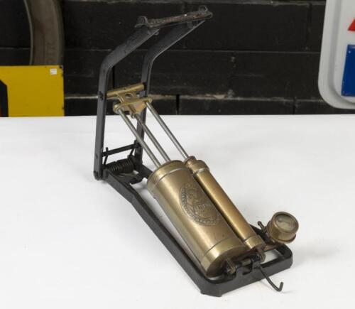 FOOT PUMP: A pre-war brass Hattersley & Davidson Multistage foot tyre pump, 30cm high, 16cm wide