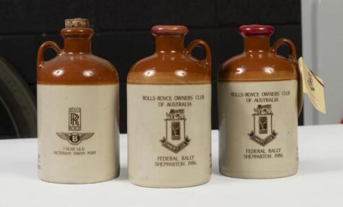 PORT: A group of three ceramic Victorian Tawny Port flagons, produced for the Rolls-Royce Owners' Club of Australia celebrating the Federal Rally event in Shepparton, Victoria, 1986