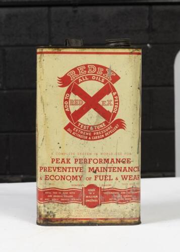 REDEX: A one gallon 'Redex' additive can, marked to lower middle 'Redex Products (A'sia) Pty Ltd, 5a Church Street, Lidcombe, NSW', still contains contents