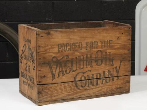VACUUM OIL CO: A vintage hardwood 'Deodorized Benzine' wooden box, packed for the Vacuum Oil Company, Pratt Works New York USA,&nbsp;37cm high, 53cm wide, 27cm deep
