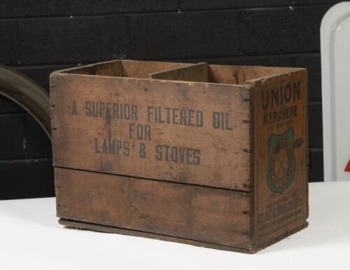 ATLANTIC:&nbsp;A vintage hardwood 'Union Kerosene' wooden box, packed for the Atlantic Union Oil Company, 37cm high, 54cm wide, 26cm deep