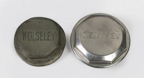 WHEEL NUTS: Two original centre wheel nuts, one Bentley 12cm outside diameter&nbsp;and one&nbsp;Wolseley 9.5cm outside diameter.